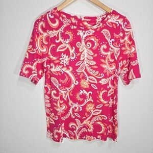 Soft Surroundings Large Pink Orange Floral Short Sleeve Stretchy Comfy Shirt